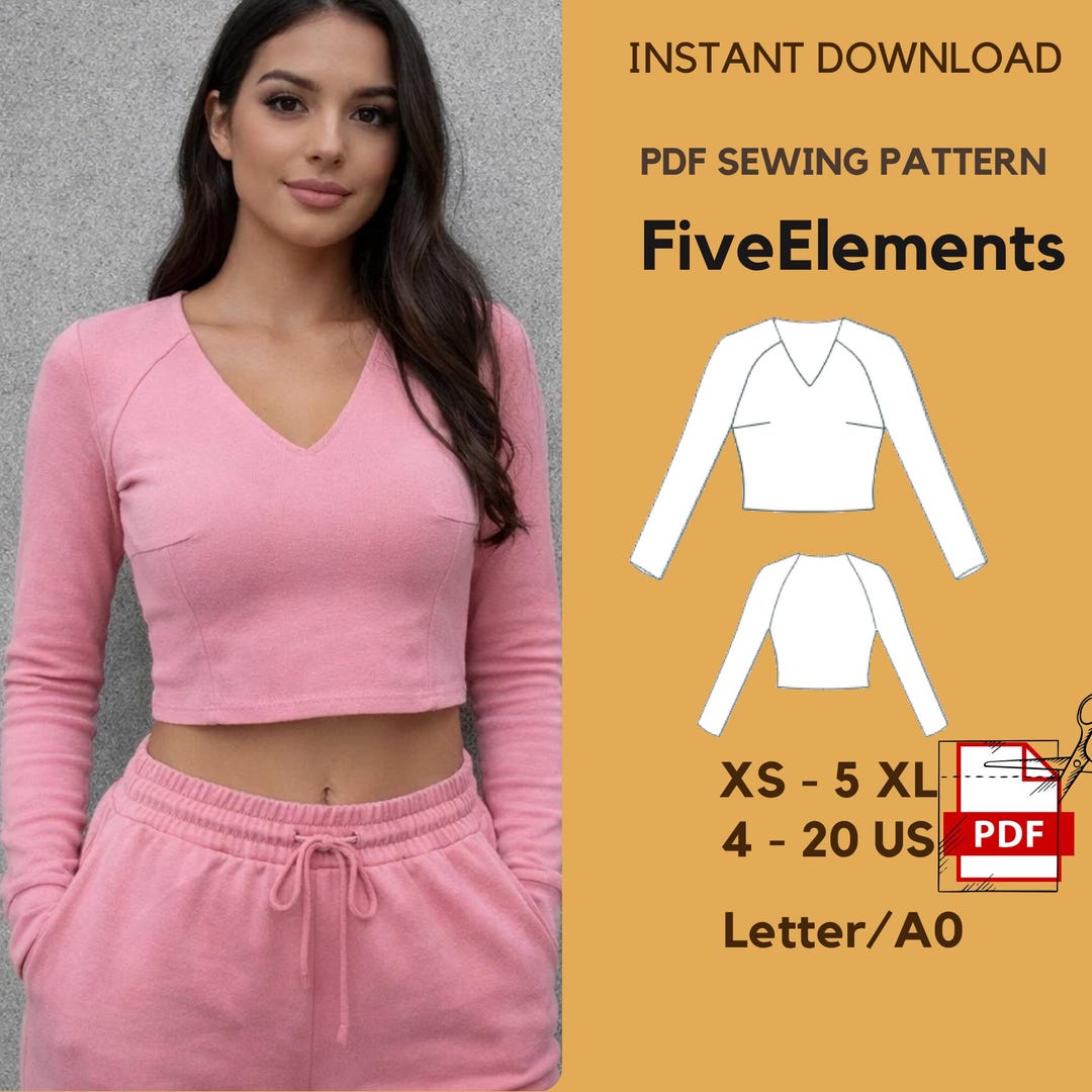 Crop Top Sewing Pattern PDF | Women Fitted Top Pattern | Long Sleeve V ...
