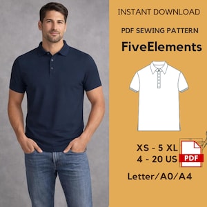 May include: Navy blue polo shirt with a three-button placket, paired with blue jeans. The image also features a PDF sewing pattern for a polo shirt, with sizes XS to 5XL and US sizes 4-20.