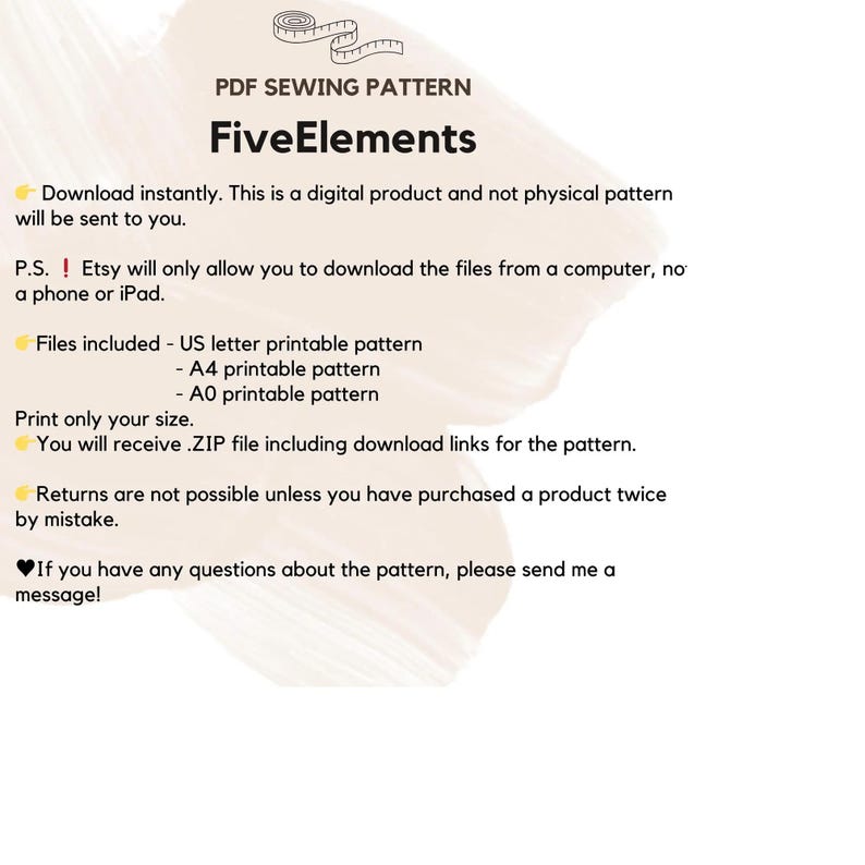 Op de afbeelding: Een digitaal PDF-naaipatroon met de titel "FiveElements" met download- en bestandstype-instructies. Bevat US letter, A4 en A0 printbare patronen. De afbeelding toont een naai-thema grafiek aan de bovenkant.