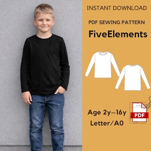 May include: A young person wearing a black long-sleeve shirt and blue jeans stands in front of a gray wall. The image includes a PDF sewing pattern with the text "FiveElements" and "Age 2y-16y."