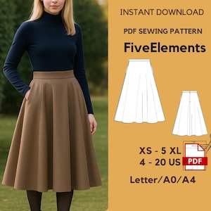 May include: A woman wearing a brown midi skirt with pockets and a navy blue long-sleeve turtleneck. The image includes a PDF sewing pattern with the text "FiveElements" and size details: XS-5XL, 4-20 US.