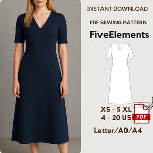 Może przedstawiać: Granatowa sukienka z dekoltem w serek i krótkimi rękawami. Obraz zawiera również wzór szycia PDF z tekstem "FiveElements", zakres rozmiarów XS-5XL i rozmiary US 4-20. Natychmiastowe pobieranie.
