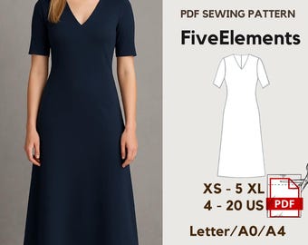 Midi Dress Sewing Pattern | Classic V-Neck Dress PDF | Short Sleeve A-Line Dress | XS–5XL | A0/A4/Letter | Digital Download