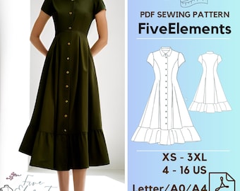 Patrón de costura de vestido con volantes / Patrón de costura vintage con botones en el frente / Patrón de costura para mujer / Descarga instantánea