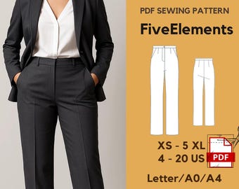 Pants Sewing Pattern PDF | Women Pants Pattern | Straight Leg High Waisted | Suit Pants | Formal Pants | XS-5XL