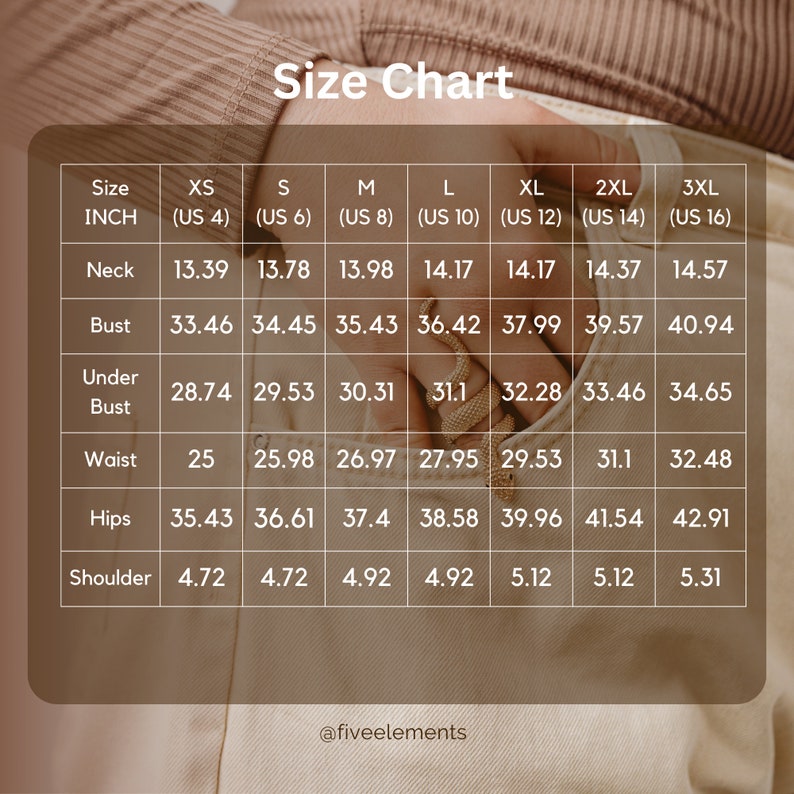 Op de afbeelding: Maattabel voor kleding in Amerikaanse maten, met de maten in inches voor nek, borst, onderborst, taille, heupen en schouder. De tabel bevat maten XS (US 4) tot 3XL (US 16).
