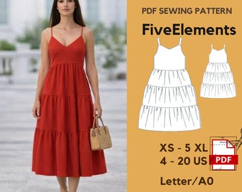 Tiered Midi Dress Sewing Pattern PDF | Skyline Dress PDF | Spaghetti Strap Summer Dress Pattern XS–5XL | Instant Download