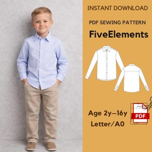 May include: A boy in a light blue shirt and beige trousers. The image includes a PDF sewing pattern labelled "FiveElements" and "Age 2y-16y". The pattern is for a shirt.