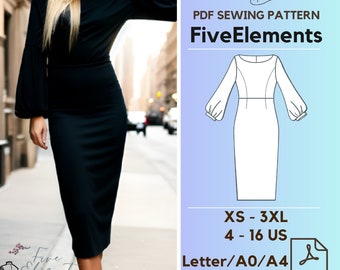 Women Puff Sleeve Dress PDF Sewing Pattern Long Bridesmaid Wedding Guest Dress Pattern