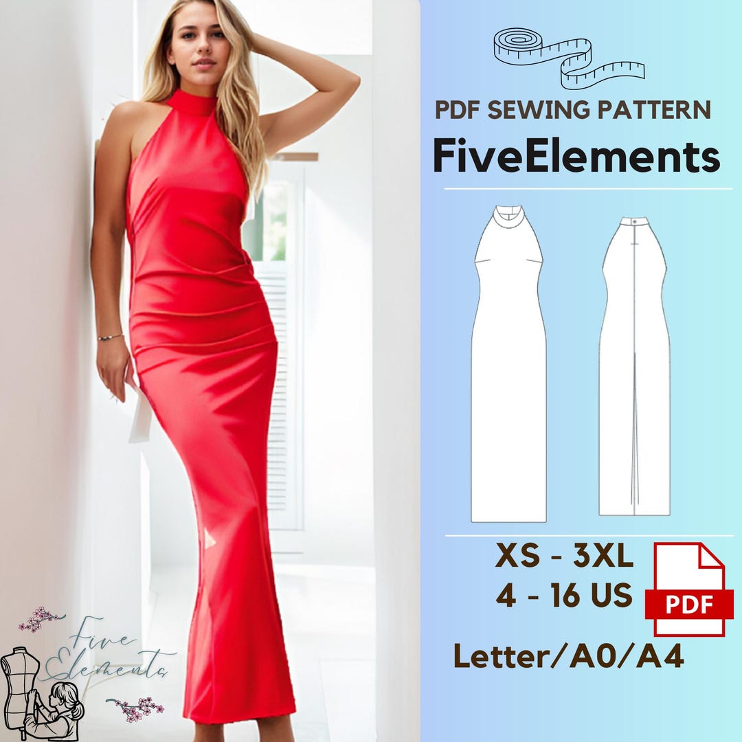Halter Neck Maxi Dress Sewing Pattern Prom Dress Sleeveless Dress ...