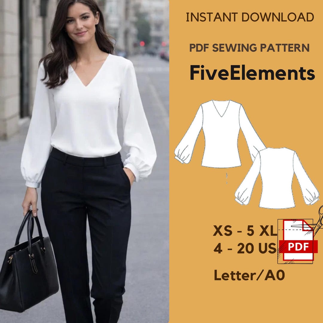 V-neck Blouse Sewing Pattern | Puff Sleeve Blouse PDF Pattern | Elegant ...