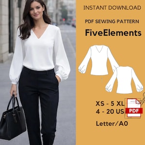 Puede incluir: Una mujer con una blusa blanca con cuello en V y mangas largas abullonadas y pantalones negros. La imagen incluye un patrón de costura PDF con el texto "FiveElements" y detalles de tallas.