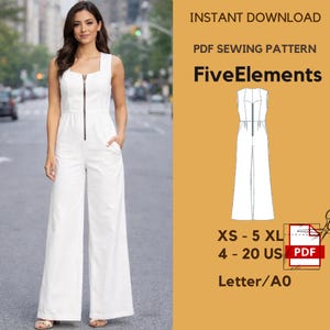 Op de afbeelding: Een witte mouwloze jumpsuit met een vierkante halslijn en een zwarte rits. Het kledingstuk heeft wijde pijpen en zakken. De afbeelding bevat ook de tekst "INSTANT DOWNLOAD PDF SEWING PATTERN FiveElements XS - 5 XL 4 - 20 US PDF Letter/A0".