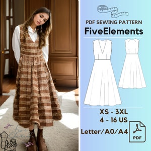 Puede incluir: Un patrón de costura PDF para un vestido sin mangas con escote en V. El patrón está disponible en tallas XS-3XL (tallas españolas 34-48) y se puede imprimir en papel tamaño Carta, A0 o A4. El patrón se llama "Five Elements".