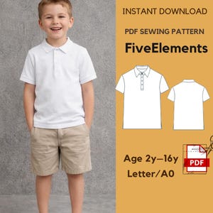 キッズポロシャツの縫製パターンPDF、男の子用半袖ポロシャツの型紙、子供用クラシックカラーシャツ、A0サイズ（レターサイズ）の即時ダウンロード