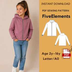 Könnte beinhalten: Ein junger Mensch trägt einen mauvefarbenen Kapuzenpullover mit Reißverschluss und blaue Jeans. Das Bild zeigt ein PDF-Schnittmuster für einen Kapuzenpullover mit dem Text "FiveElements" und "Age 2y-16y". Das Muster ist ein Sofort-Download.