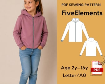 Kids Hoodie Sewing Pattern PDF | Zip Up Hoodie Pattern | Boys Girls Jacket Pattern | Hooded Sweatshirt Sewing Pattern | Ages 2–16 |A0 Letter