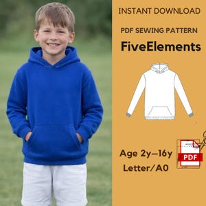 May include: A young person wearing a royal blue hooded sweatshirt with a front pocket and white shorts. The image includes a PDF sewing pattern for a hoodie, with the text "FiveElements" and age range "2y-16y".