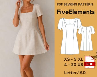 Dress Sewing Pattern Square-Neck A-Line, Linen Mini Dress PDF Pattern, Women's Summer Dress, XS-5XL