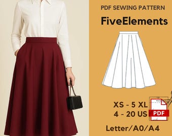Circle Skirt Sewing Pattern | Cottagecore Vintage Midi Skirt PDF | High Waist Flared Skirt Pattern | XS–5XL | A0/A4/Letter |Digital Download