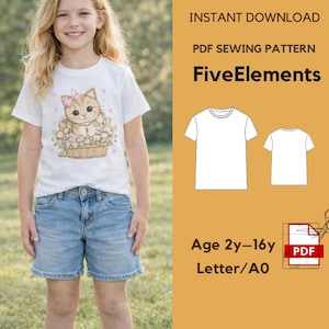 May include: A young girl wearing a white t-shirt with a cat graphic and denim shorts. The t-shirt features a cute cat in a basket of flowers. Text on the image reads "INSTANT DOWNLOAD", "PDF SEWING PATTERN", "FiveElements", "Age 2y-16y", and "Letter/A0".