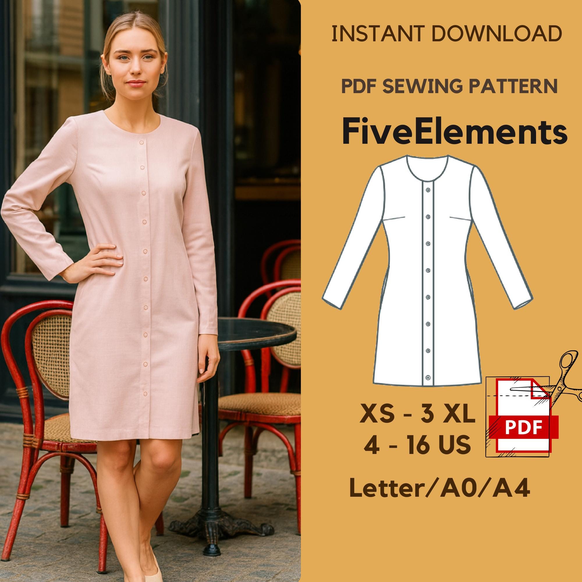 Patrón de costura en PDF para vestido camisero Vestido abotonado