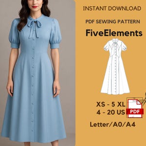 Op de afbeelding: Een lichtblauwe jurk met knoopsluiting, korte pofmouwen en een strik bij de hals. De afbeelding bevat een PDF-naaipatroon met de tekst "FiveElements" en maatdetails.