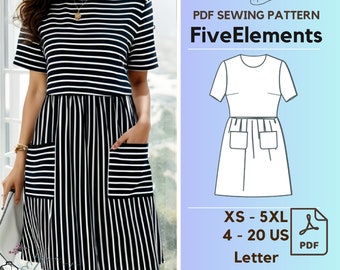 Women Pockets Long Sleeve Dress Sewing Pattern Formal Loose Dress PDF Pattern Black Pinafore Pattern