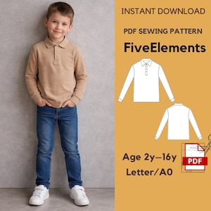 May include: A young boy wearing a tan long-sleeve polo shirt and blue jeans stands in front of a gray wall. The image includes a PDF sewing pattern with the text "FiveElements" and "Age 2y-16y".