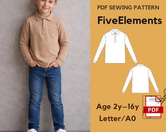Boys Polo Shirt Sewing Pattern PDF | Kids Long Sleeve Shirt Pattern | Button Collar Top | Ages 2–16 | A0 Letter | Instant Download