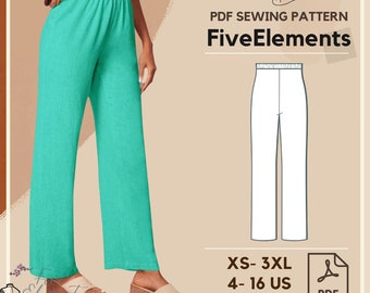 Elastic Waist Linen Pants PDF Sewing Pattern Women Wide Leg Pants Pattern Loose Trousers
