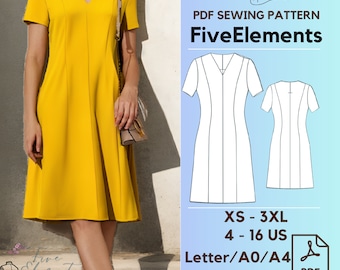 Modello per abito da festa con scollo a V, modello per abito largo da donna in formato PDF, modello per abito semplice con linee in formato PDF