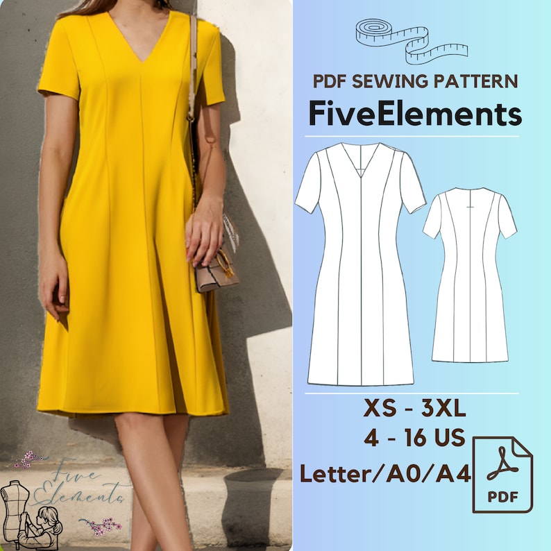 May include: A PDF sewing pattern for a yellow dress with a V-neck and short sleeves. The pattern is available in sizes XS-3XL (US sizes 4-16) and can be printed on Letter, A0, or A4 paper. The pattern is called "Five Elements".