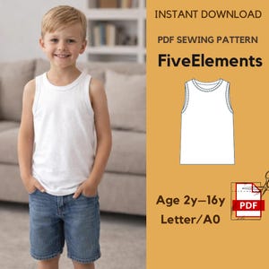 Op de afbeelding: Een kind draagt een witte tanktop en een spijkerbroek. De afbeelding bevat een digitaal naaipatroon voor een tanktop, met de tekst "FiveElements", "Age 2y-16y" en "PDF".