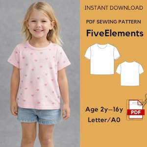 Peut inclure: Une jeune fille porte un t-shirt rose à motifs de cœurs et un short en jean. Le texte de l'image indique : "INSTANT DOWNLOAD PDF SEWING PATTERN FiveElements Age 2y-16y Letter/A0 PDF".