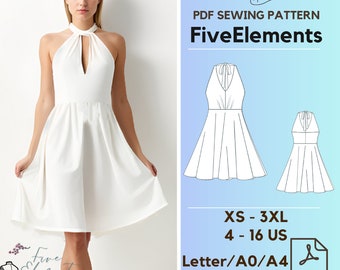May include: A white halter dress with a keyhole neckline and a flared skirt. The image includes a PDF sewing pattern with the text "Five Elements", sizes XS-3XL, and US sizes 4-16. A PDF icon is also present.