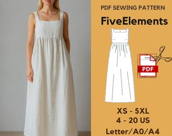 Linen Maxi Dress Sewing Pattern | Boho Summer Dress with Pockets Gathered Waist | Sleeveless Summer Dress | PDF Pattern