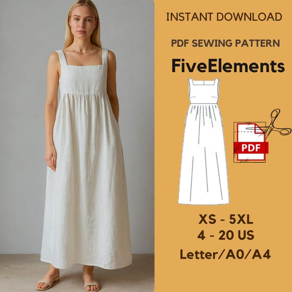 Linen Maxi Dress Sewing Pattern | Boho Summer Dress With Pockets Gathered  Waist | Sleeveless Summer Dress | PDF Pattern - Etsy Israel