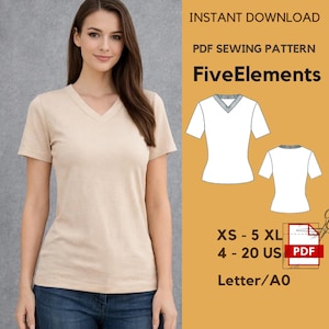 Mönster för v-ringad t-shirt i PDF-format | Mönster för damt-shirt | Figursydd t-shirt | Kortärmad topp | XS–5XL | Ladda ner bokstaven A0
