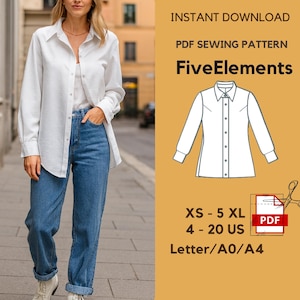 May include: A woman wearing a white button-down shirt and blue jeans. The image includes a PDF sewing pattern for a shirt, with the text "FiveElements" and size options from XS to 5XL, and US sizes 4-20.