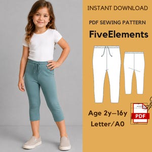 May include: A digital PDF sewing pattern titled FiveElements for trousers, featuring a white t-shirt and teal cropped trousers. The graphic includes technical line drawings of the trousers, text stating Instant Download, Age 2y-16y, and Letter/A0 format.