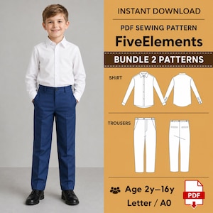Boys Outfit Bundle PDF Sewing Pattern, Long Sleeve Button Up Shirt and Dress Pants Pattern, Kids Formal Set Age 2-16