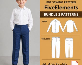 Boys Outfit Bundle PDF Sewing Pattern, Long Sleeve Button Up Shirt and Dress Pants Pattern, Kids Formal Set Age 2-16