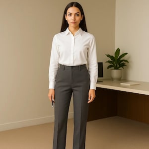 May include: A woman wearing a white button-down shirt and gray dress pants. The long-sleeved shirt is tucked into the high-waisted trousers. The outfit is a classic business casual style.