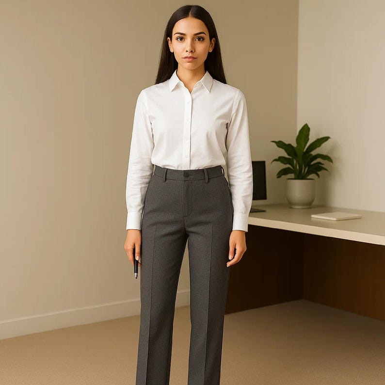 May include: A woman wearing a white button-down shirt and gray dress pants. The long-sleeved shirt is tucked into the high-waisted trousers. The outfit is a classic business casual style.
