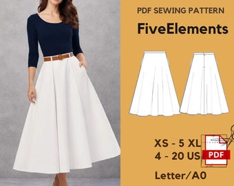 Circle Skirt Sewing Pattern PDF | Midi Skirt Pattern | High Waist Flared Skirt | XS–5XL | Elegant Skirt | A0 Letter Download