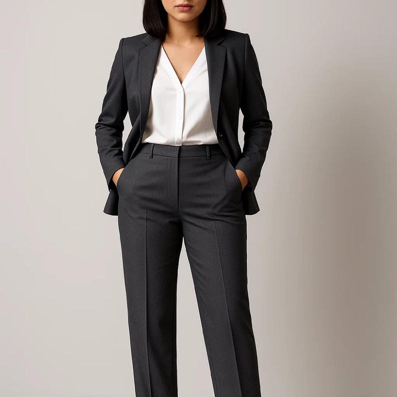 May include: A charcoal gray business suit, consisting of a blazer and matching trousers, paired with a white V-neck blouse. The blazer has a classic cut, and the trousers are straight-legged. The outfit is suitable for professional settings.