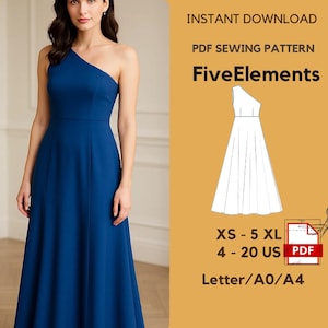 Puede incluir: Una mujer con un vestido largo azul de un solo hombro. La imagen incluye el texto "INSTANT DOWNLOAD PDF SEWING PATTERN FiveElements" y detalles de tallas: XS - 5 XL, 4 - 20 US, y Letter/A0/A4.