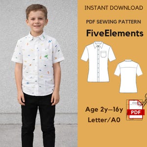 Boys Button Up Shirt Sewing Pattern PDF | Kids Short Sleeve Shirt Pattern | Collared Shirt with Pocket | Age 2–16 | Instant Download