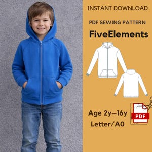 Könnte beinhalten: Ein Kind trägt einen blauen Kapuzenpullover mit Reißverschluss, Kapuze und Taschen, kombiniert mit einer blauen Jeans. Das Bild zeigt auch ein PDF-Schnittmuster mit dem Text "FiveElements" und der Altersspanne "2y-16y".